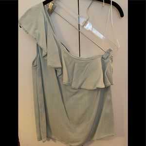 Light blue denim One shoulder Ruffle Tank